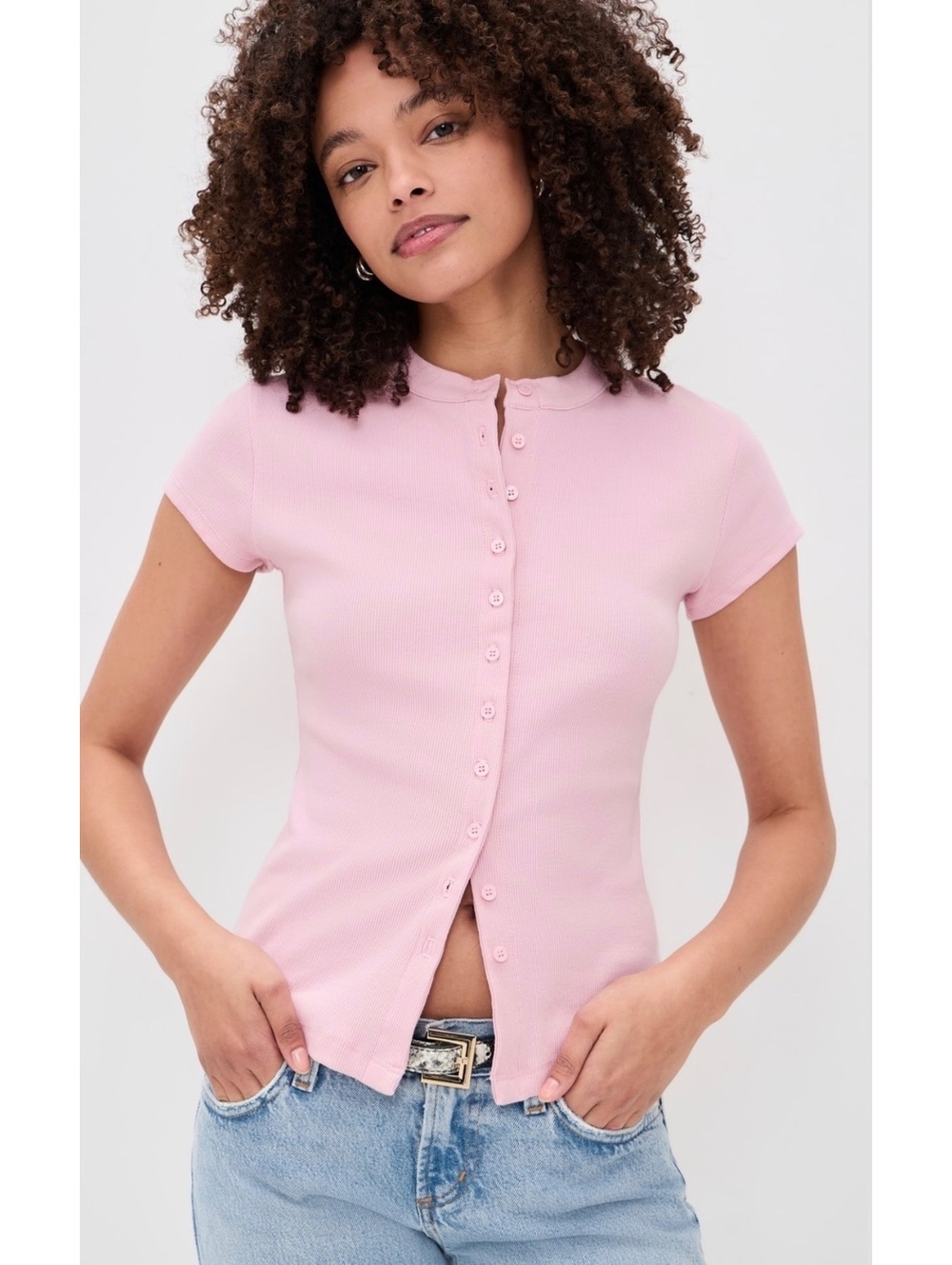 Reformation Raelynn Ribbed Knit Top Pink Sz S Short Sleeve Button Down